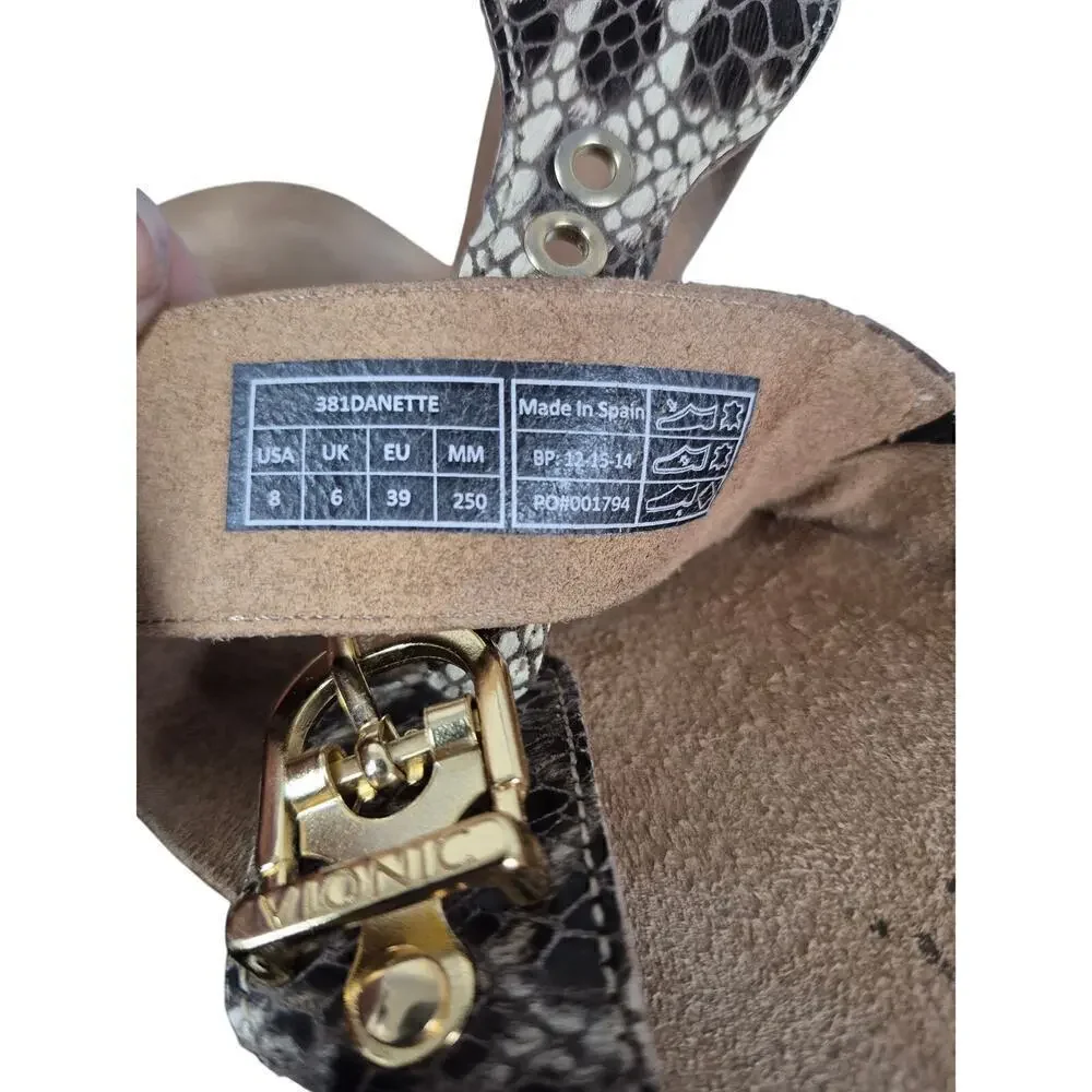 Vionic Orthaheel Danette Cork Wedge Sandal Snakeskin Crisscross Gold Buckle Sz 8
